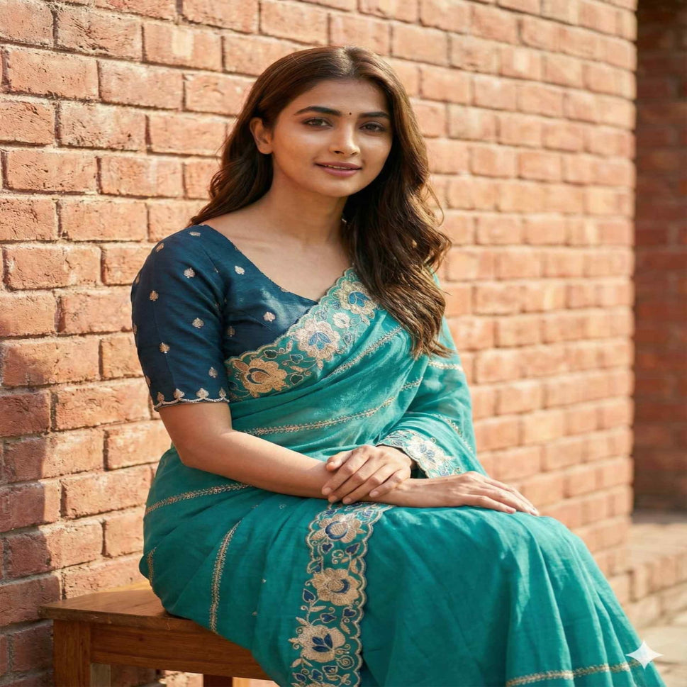 Elegant Mustard Yellow Embroidered Saree with Floral Designer Border – Festive & Party Wear