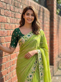 Elegant Mustard Yellow Embroidered Saree with Floral Designer Border – Festive & Party Wear