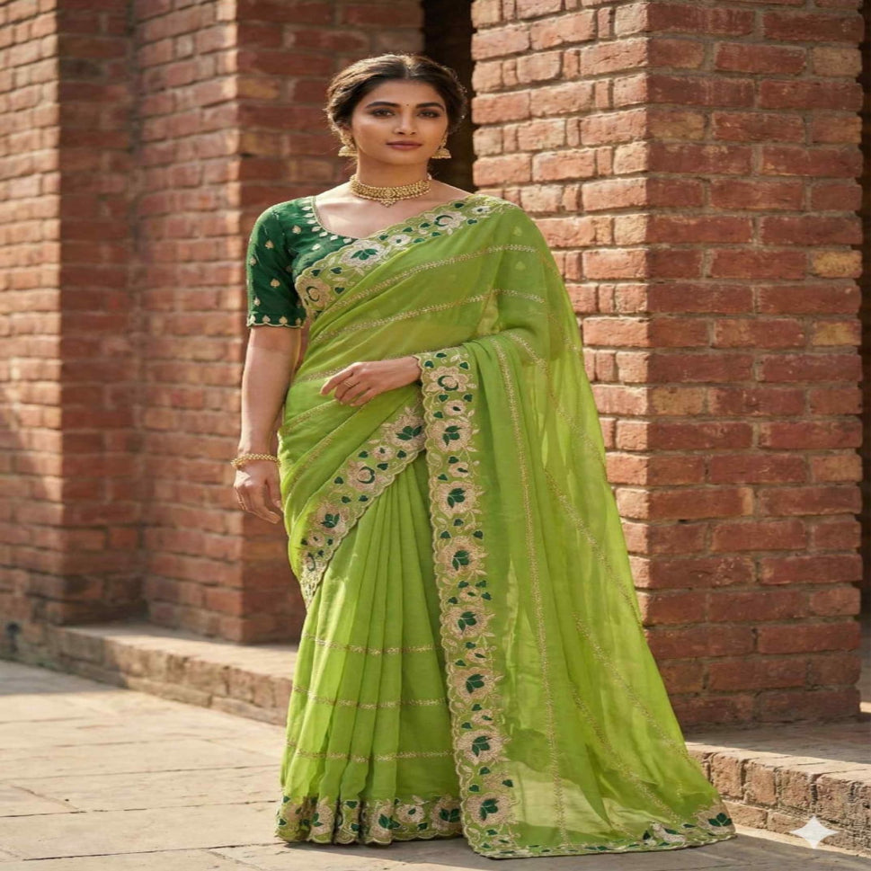 Elegant Mustard Yellow Embroidered Saree with Floral Designer Border – Festive & Party Wear