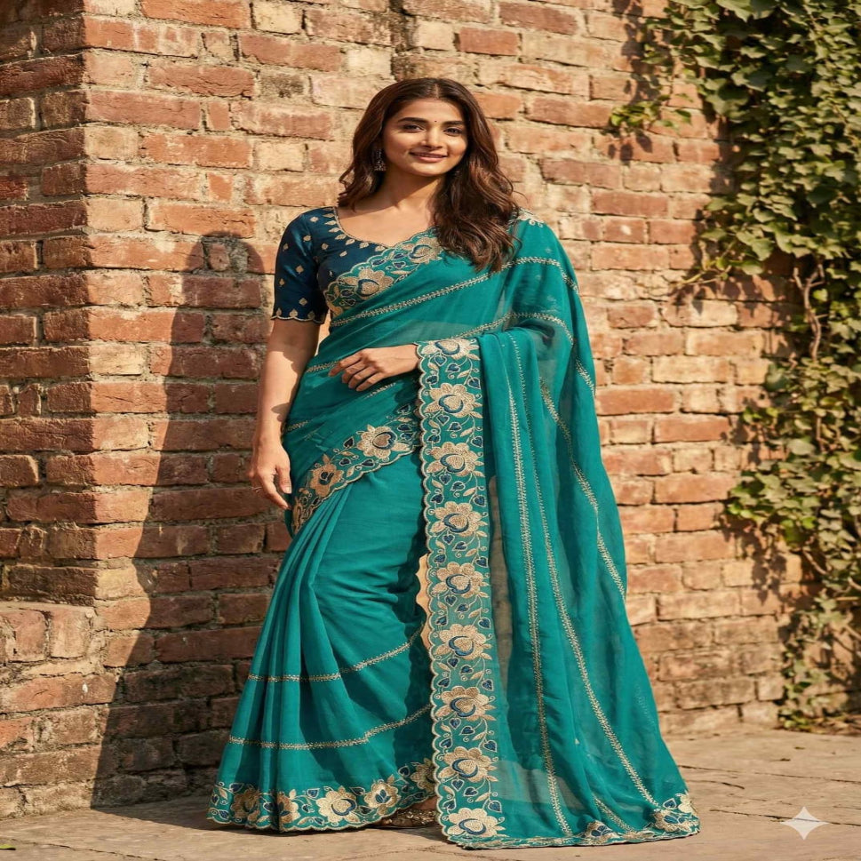 Elegant Mustard Yellow Embroidered Saree with Floral Designer Border – Festive & Party Wear