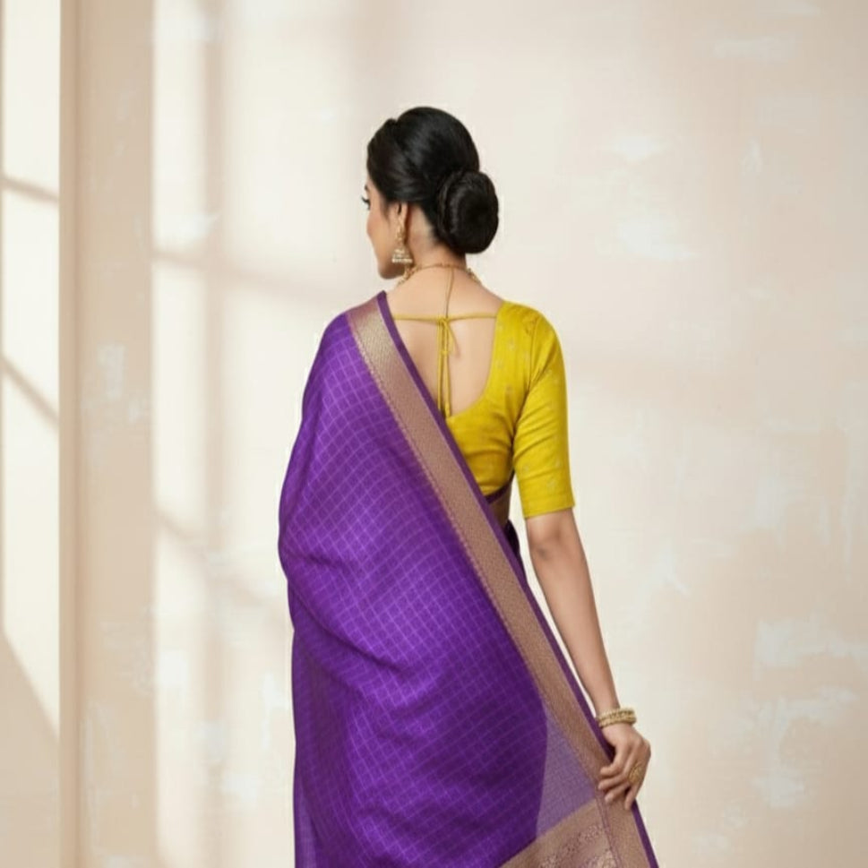 Elegant Royal Purple Zari Woven Saree with Golden Designer Border – Festive & Wedding Wear