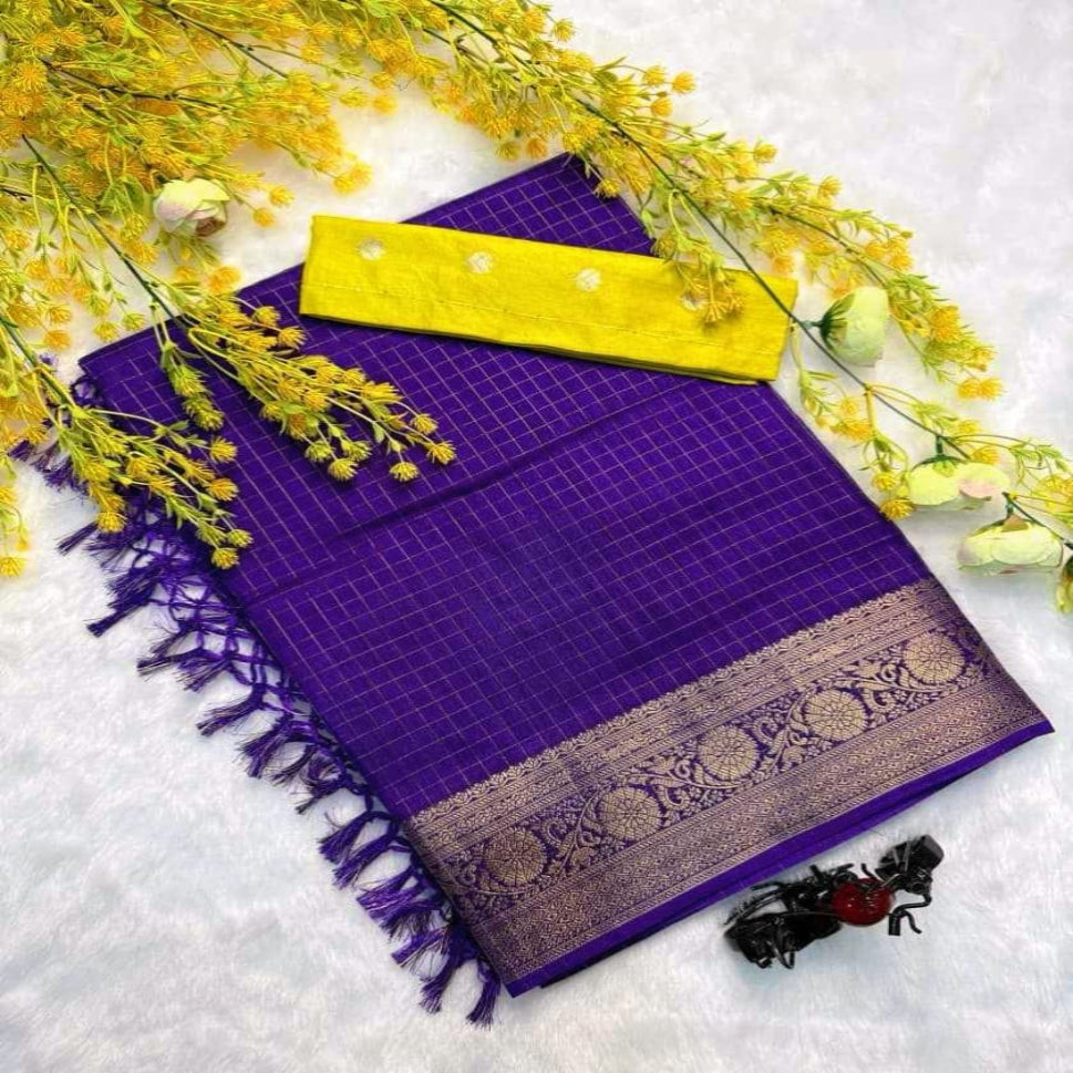 Elegant Royal Purple Zari Woven Saree with Golden Designer Border – Festive & Wedding Wear