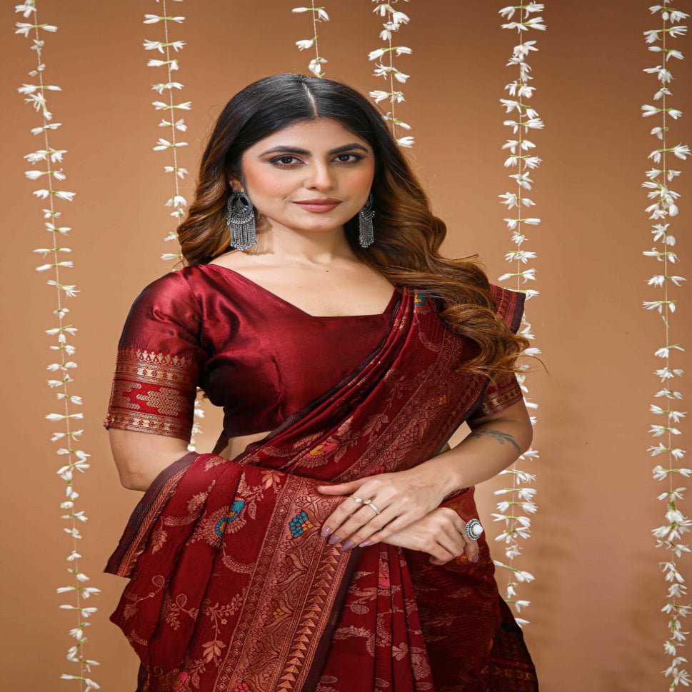 Elegant Maroon Zari Woven Banarasi Style Saree with Rich Designer Pallu – Wedding & Festive Wear