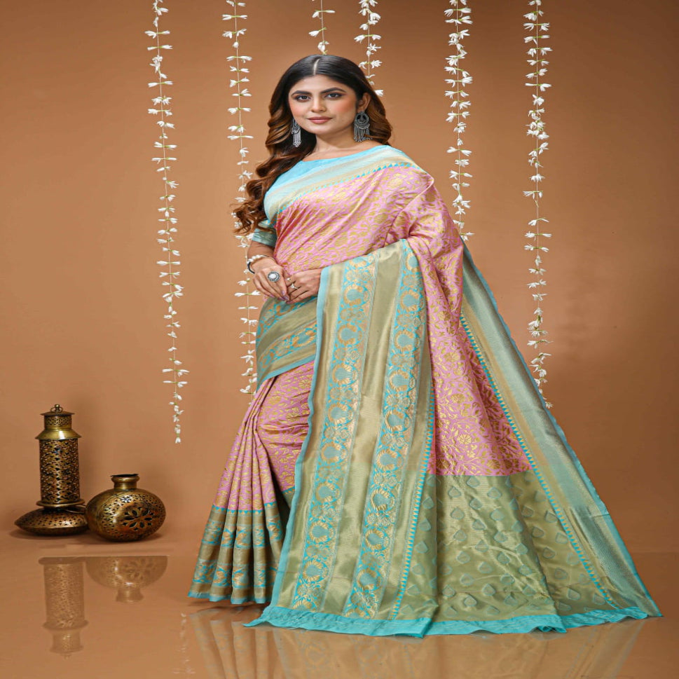 Elegant Pink & Sea Green Zari Woven Banarasi Style Saree with Designer Border – Festive & Wedding Wear