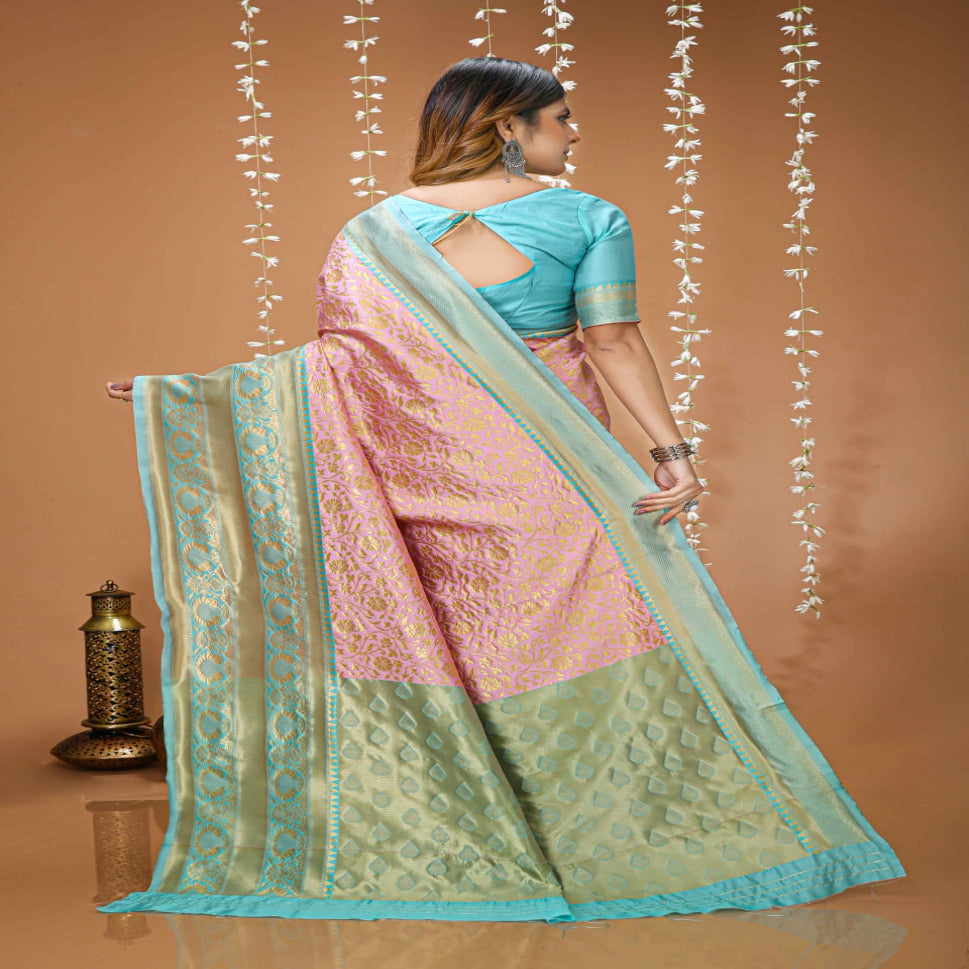 Elegant Pink & Sea Green Zari Woven Banarasi Style Saree with Designer Border – Festive & Wedding Wear