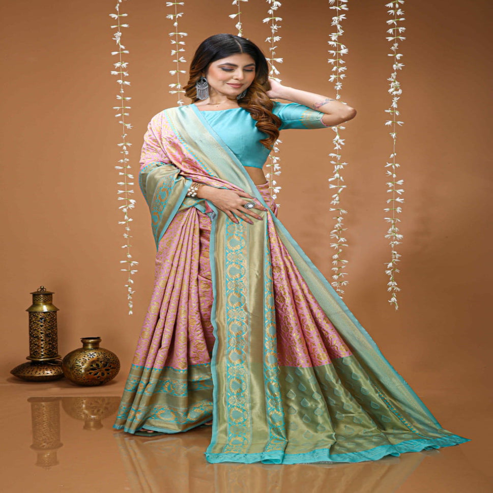 Elegant Pink & Sea Green Zari Woven Banarasi Style Saree with Designer Border – Festive & Wedding Wear