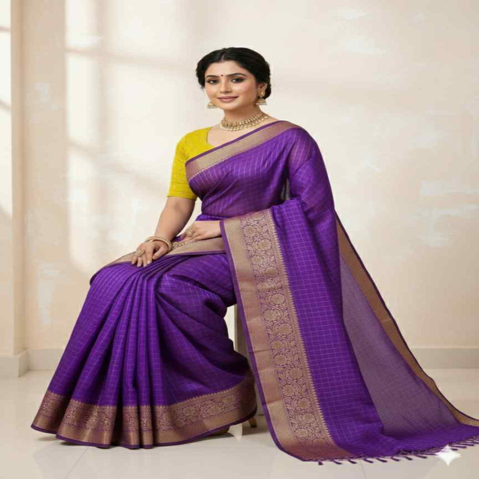 Elegant Royal Purple Zari Woven Saree with Golden Designer Border – Festive & Wedding Wear