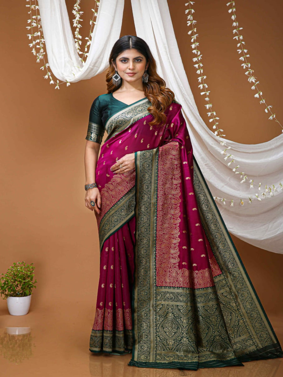 Elegant Rani Pink Banarasi Style Zari Woven Saree with Rich Golden Designer Pallu – Wedding & Festive Wear