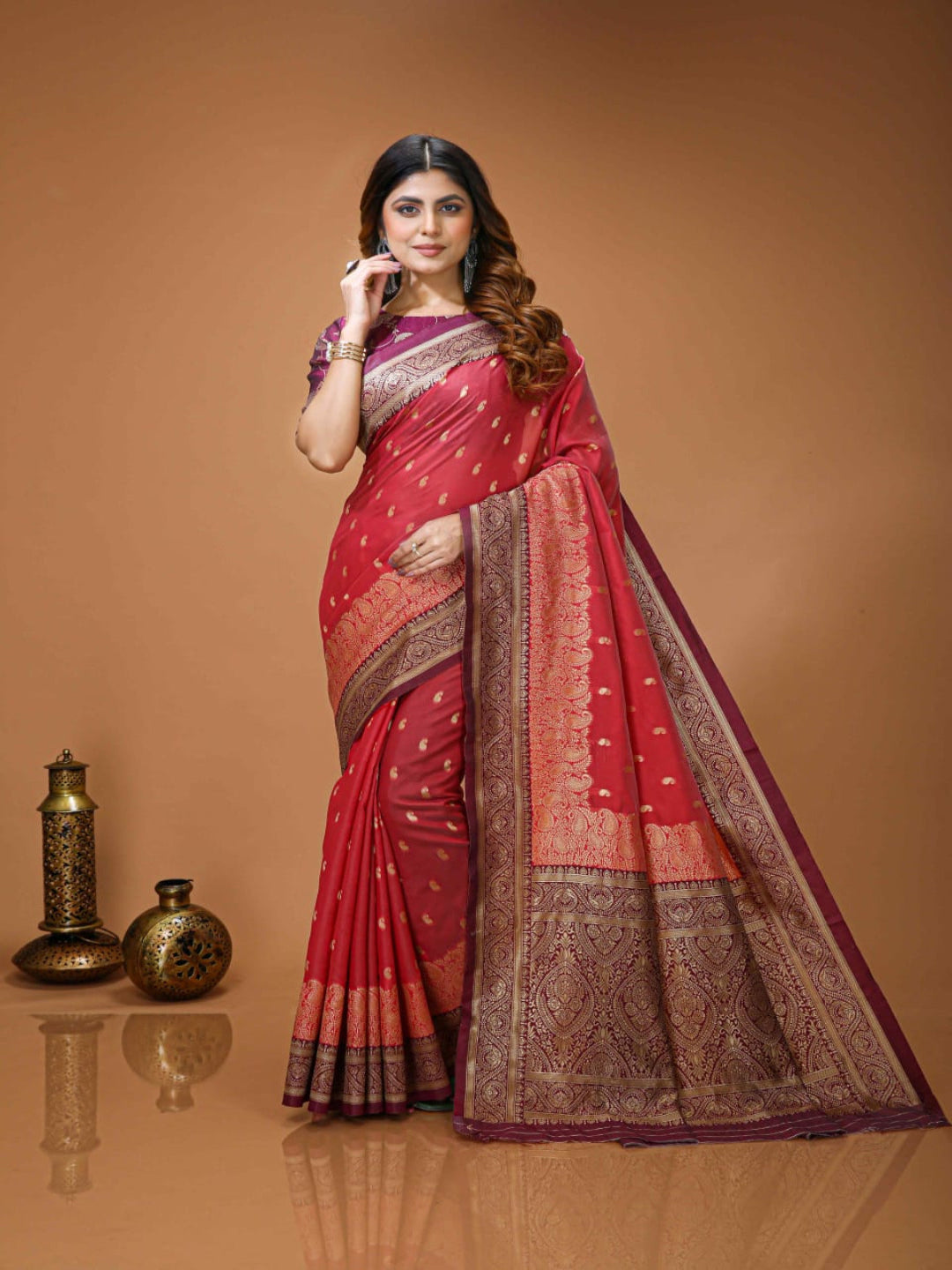 Elegant Rani Pink Banarasi Style Zari Woven Saree with Rich Golden Designer Pallu – Wedding & Festive Wear