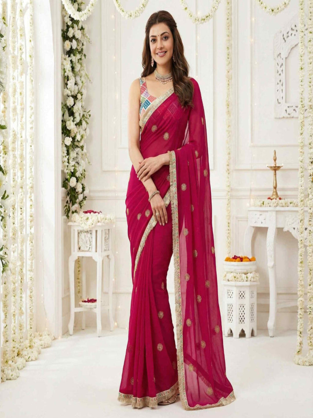 Elegant Rani Pink Embroidered Saree with Golden Designer Border – Festive & Party Wear