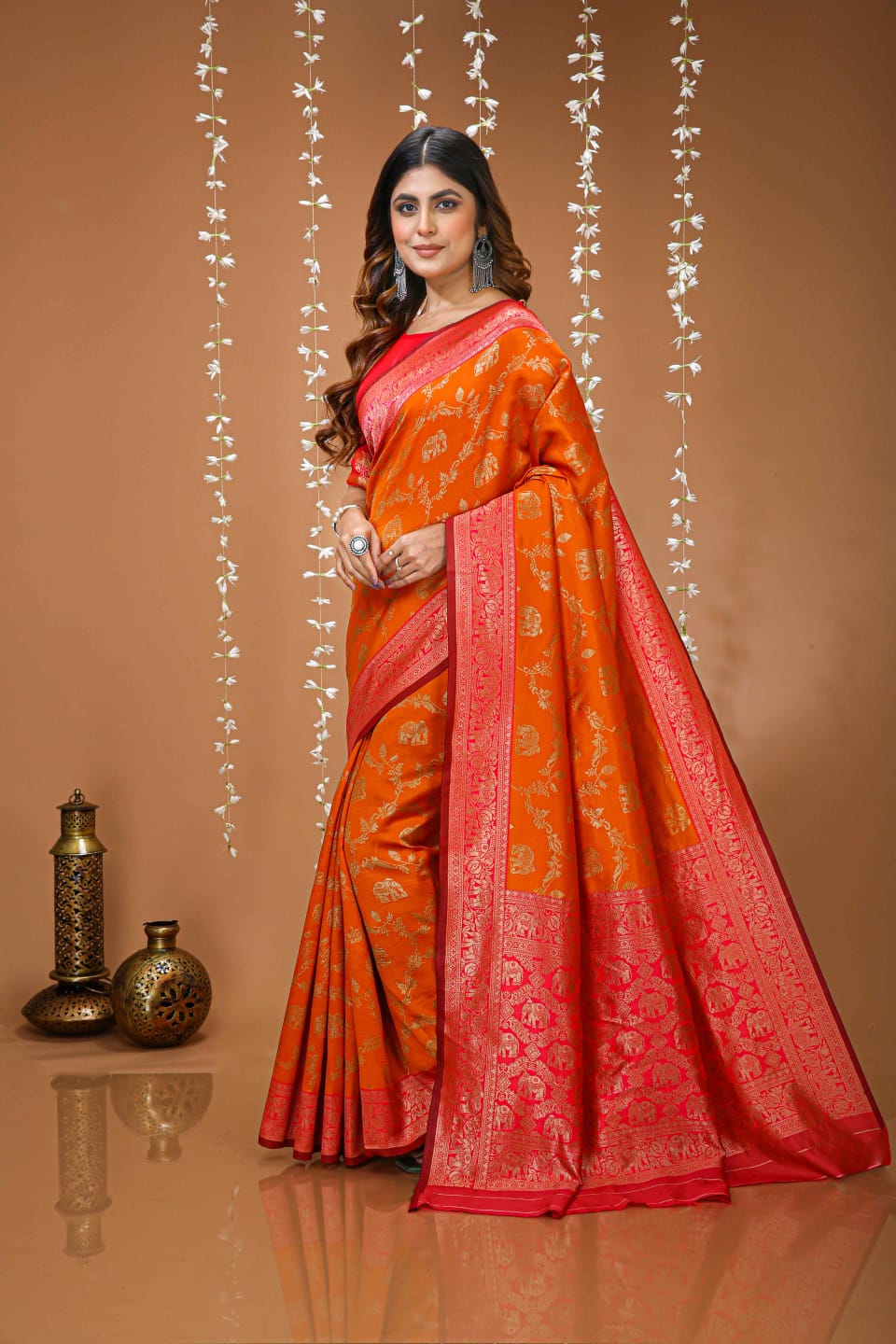 Elegant Orange Banarasi Style Zari Woven Saree with Rich Designer Pallu – Wedding & Festive Wear