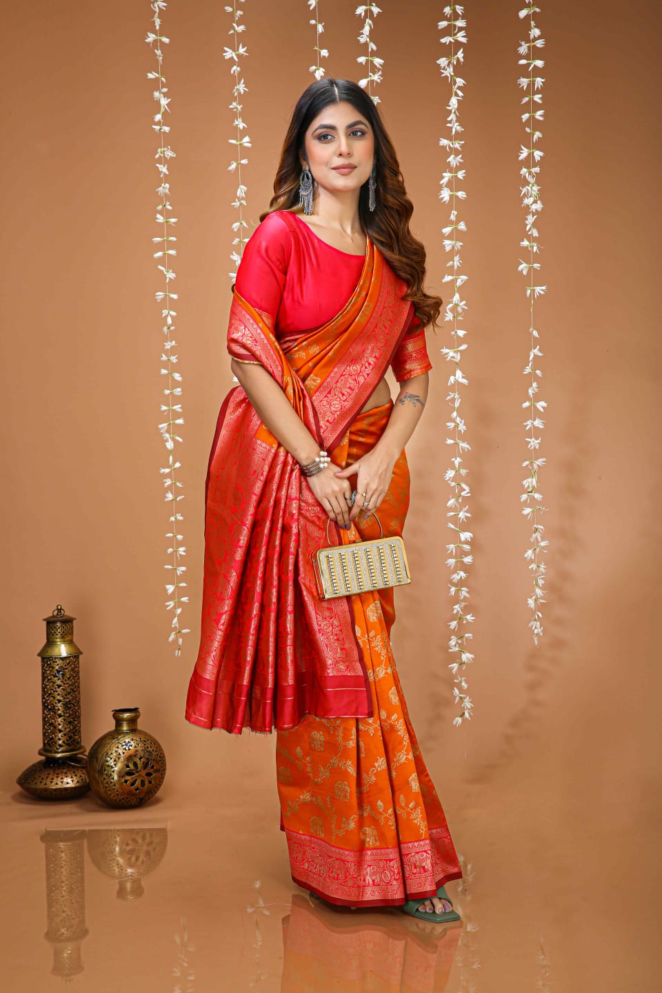 Elegant Orange Banarasi Style Zari Woven Saree with Rich Designer Pallu – Wedding & Festive Wear