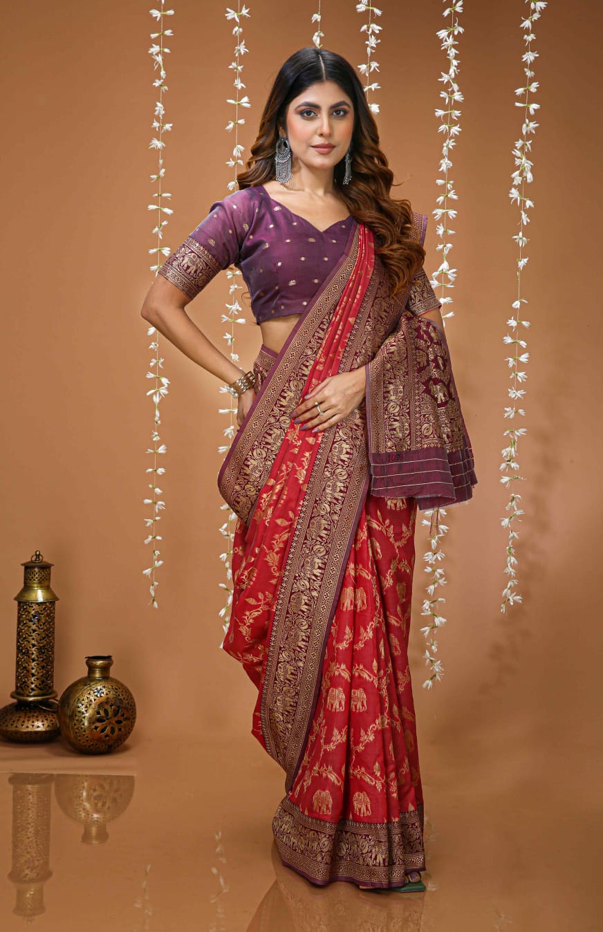 Elegant Orange Banarasi Style Zari Woven Saree with Rich Designer Pallu – Wedding & Festive Wear