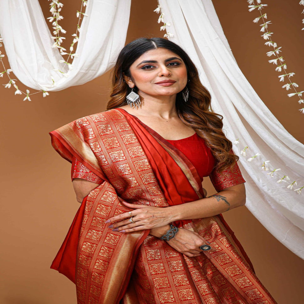 Elegant Red Banarasi Style Zari Woven Saree with Rich Golden Border – Festive & Wedding Wear
