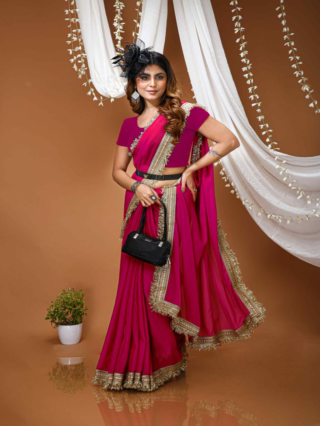 Elegant Black Saree with Golden Designer Lace Border – Party & Evening Wear