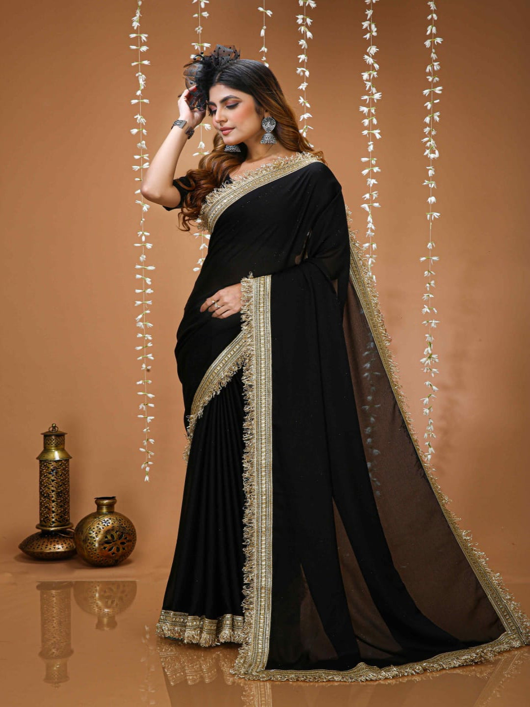 Elegant Black Saree with Golden Designer Lace Border – Party & Evening Wear