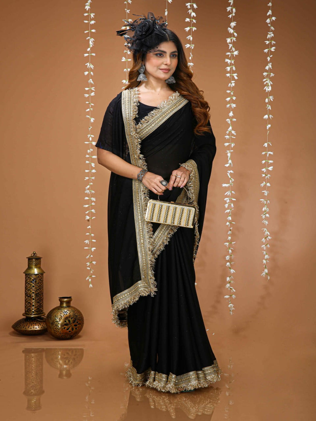 Elegant Black Saree with Golden Designer Lace Border – Party & Evening Wear