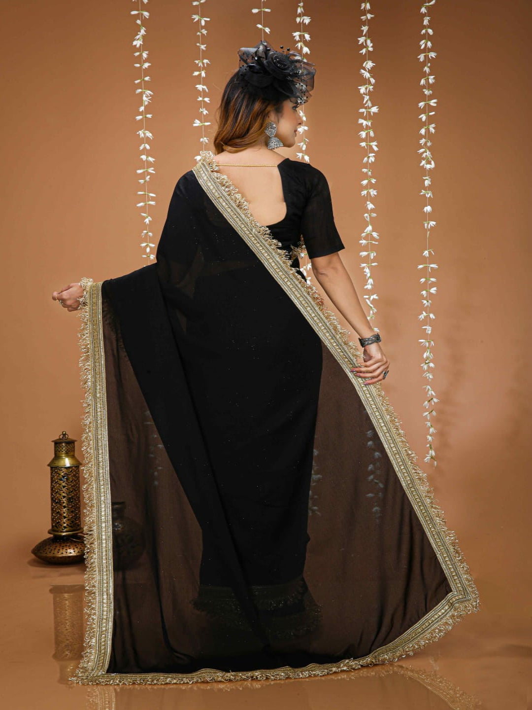 Elegant Black Saree with Golden Designer Lace Border – Party & Evening Wear
