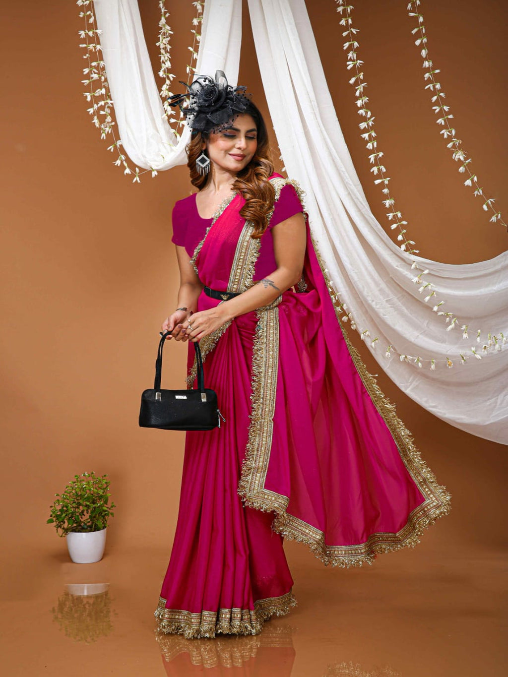 Elegant Black Saree with Golden Designer Lace Border – Party & Evening Wear