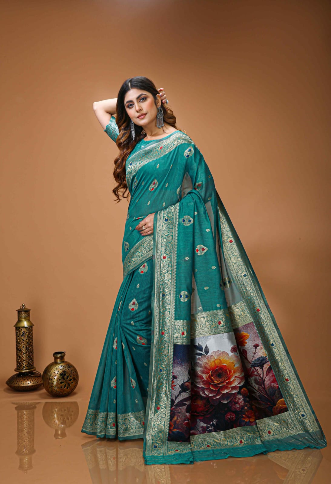 Elegant Green Designer Saree with Floral Printed Pallu – Festive & Traditional Wear