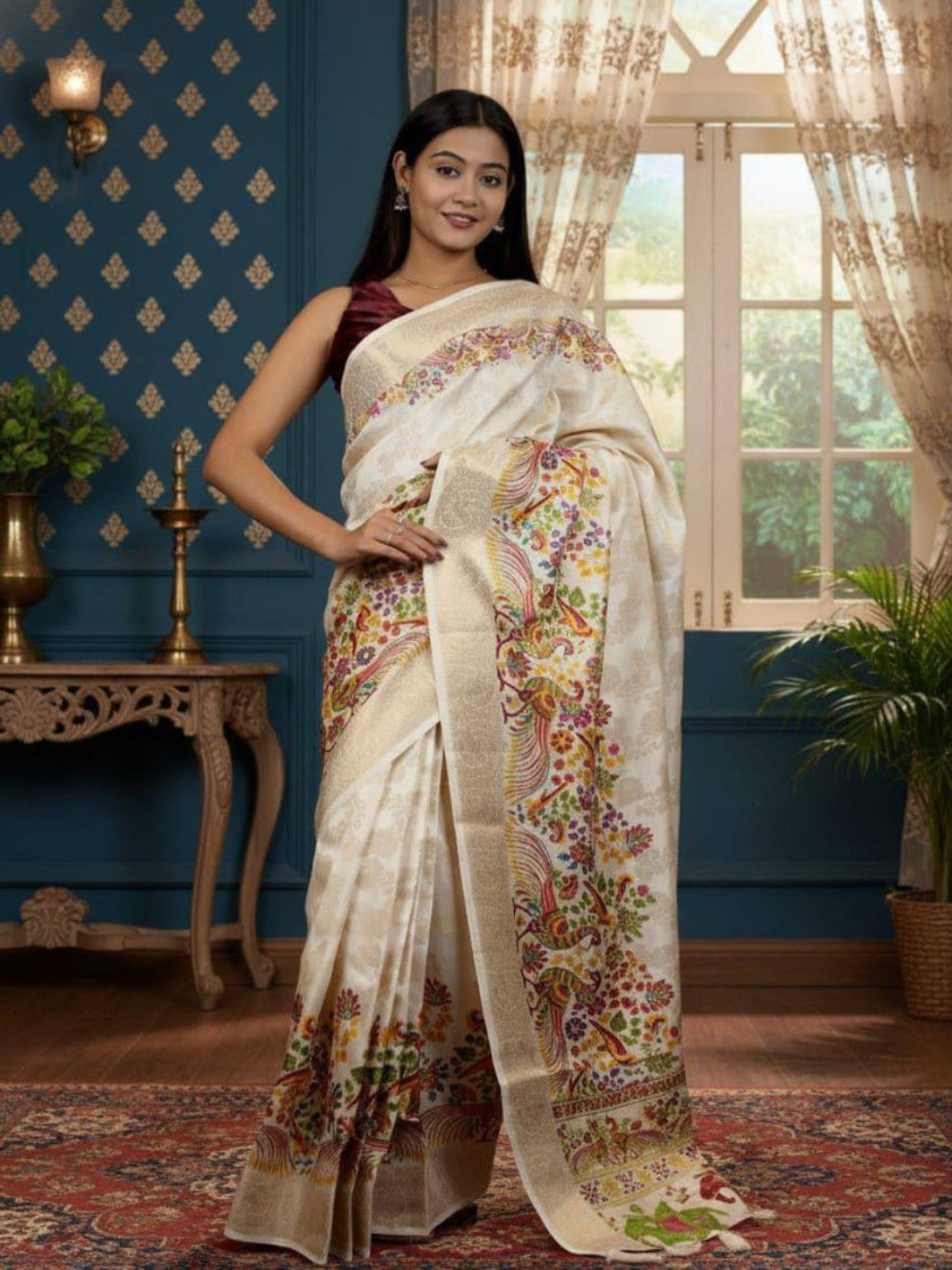 Elegant Cream Floral Printed Saree with Designer Border – Festive & Party Wear