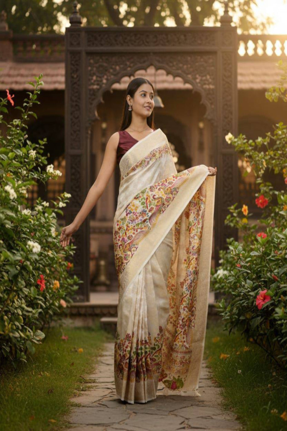 Elegant Cream Floral Printed Saree with Designer Border – Festive & Party Wear