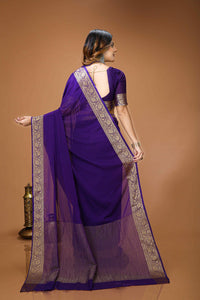 Elegant Purple Georgette Saree with Golden Zari Border – Festive & Party Wear