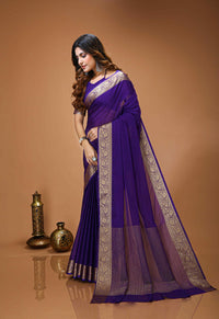 Elegant Purple Georgette Saree with Golden Zari Border – Festive & Party Wear