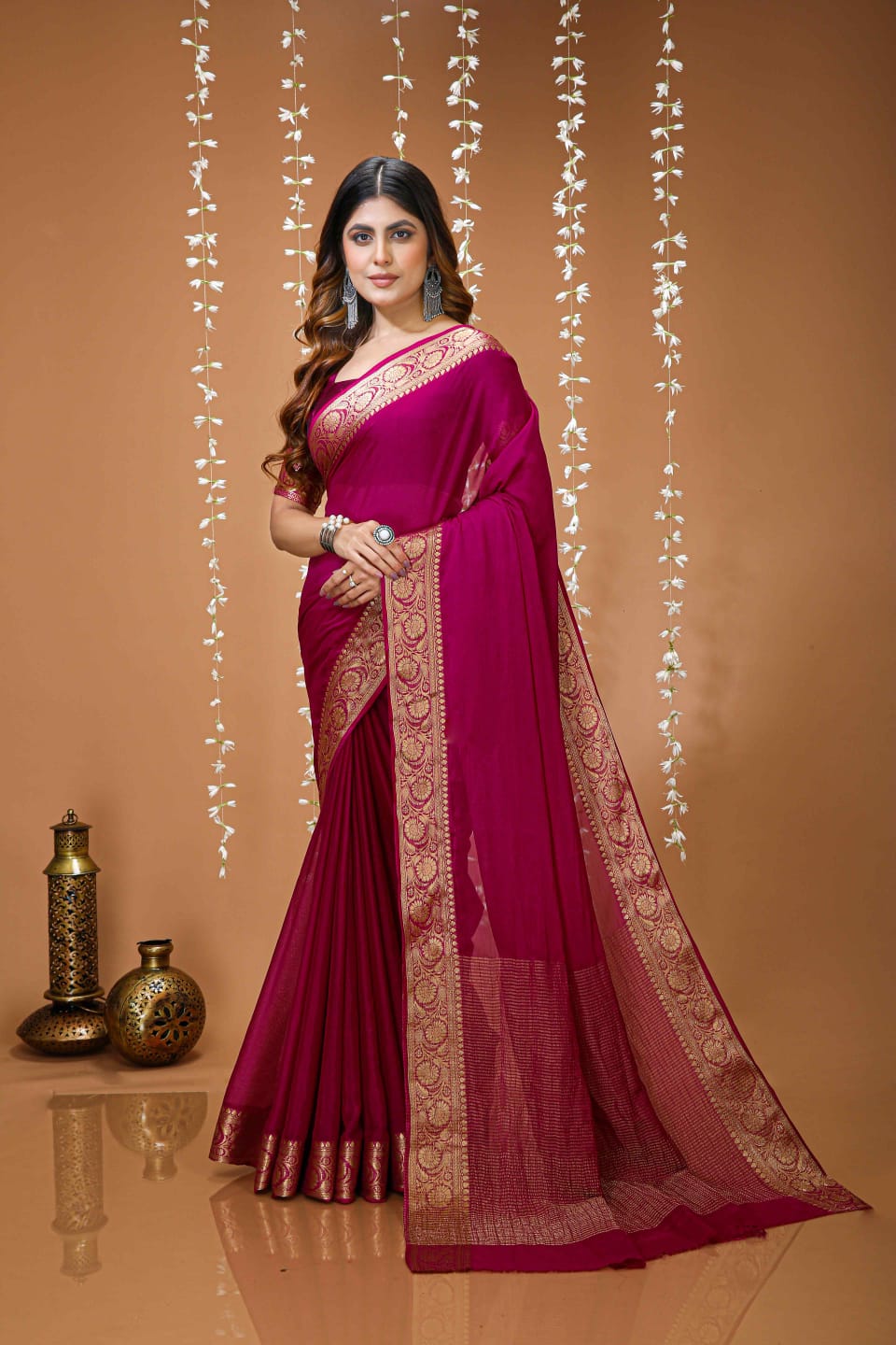 Elegant Purple Georgette Saree with Golden Zari Border – Festive & Party Wear