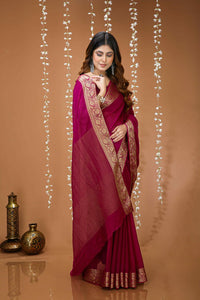 Elegant Purple Georgette Saree with Golden Zari Border – Festive & Party Wear