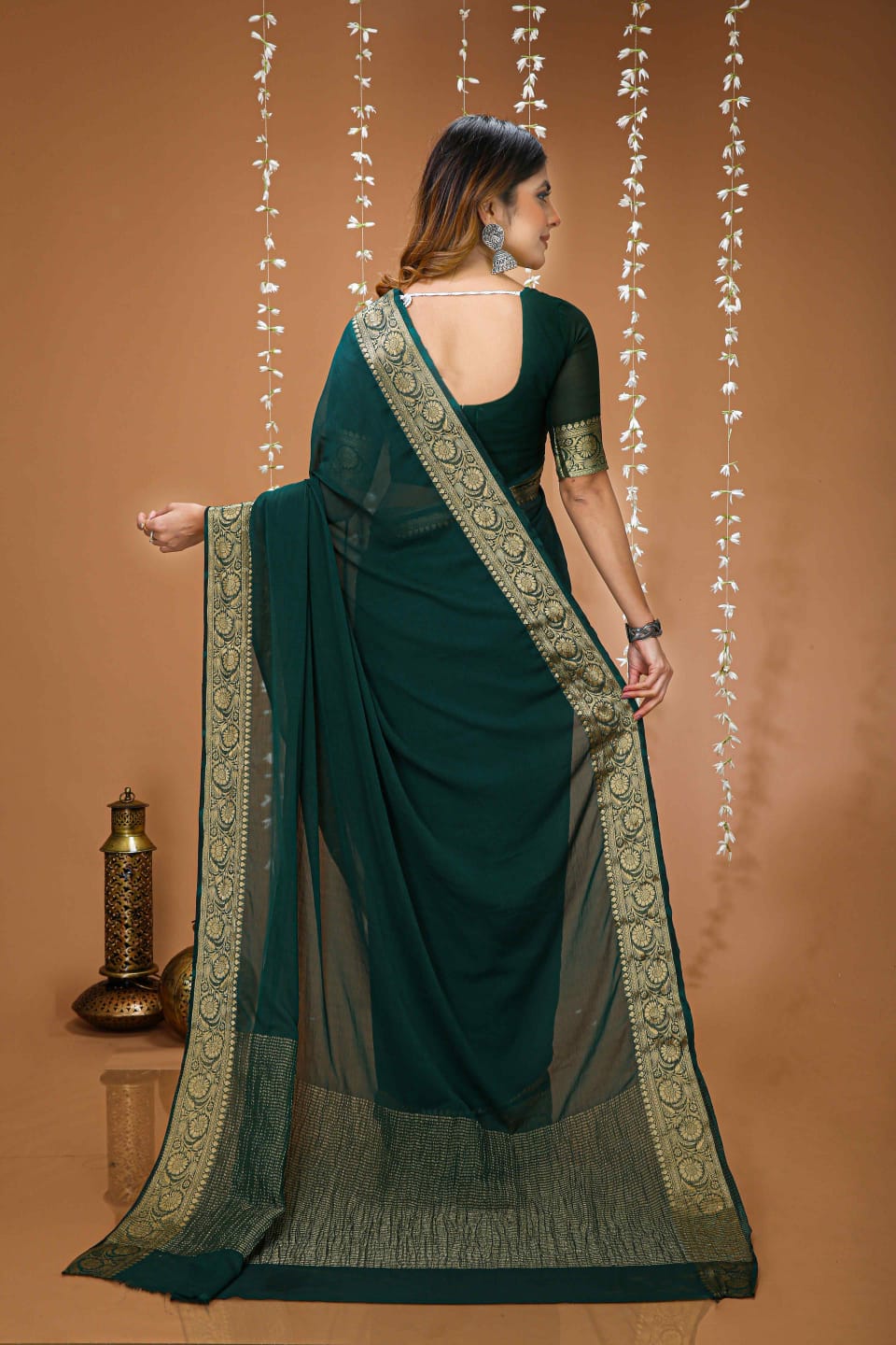 Elegant Purple Georgette Saree with Golden Zari Border – Festive & Party Wear