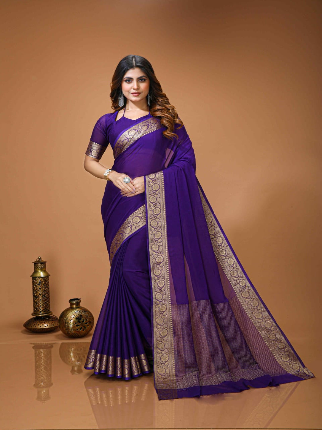 Elegant Purple Georgette Saree with Golden Zari Border – Festive & Party Wear