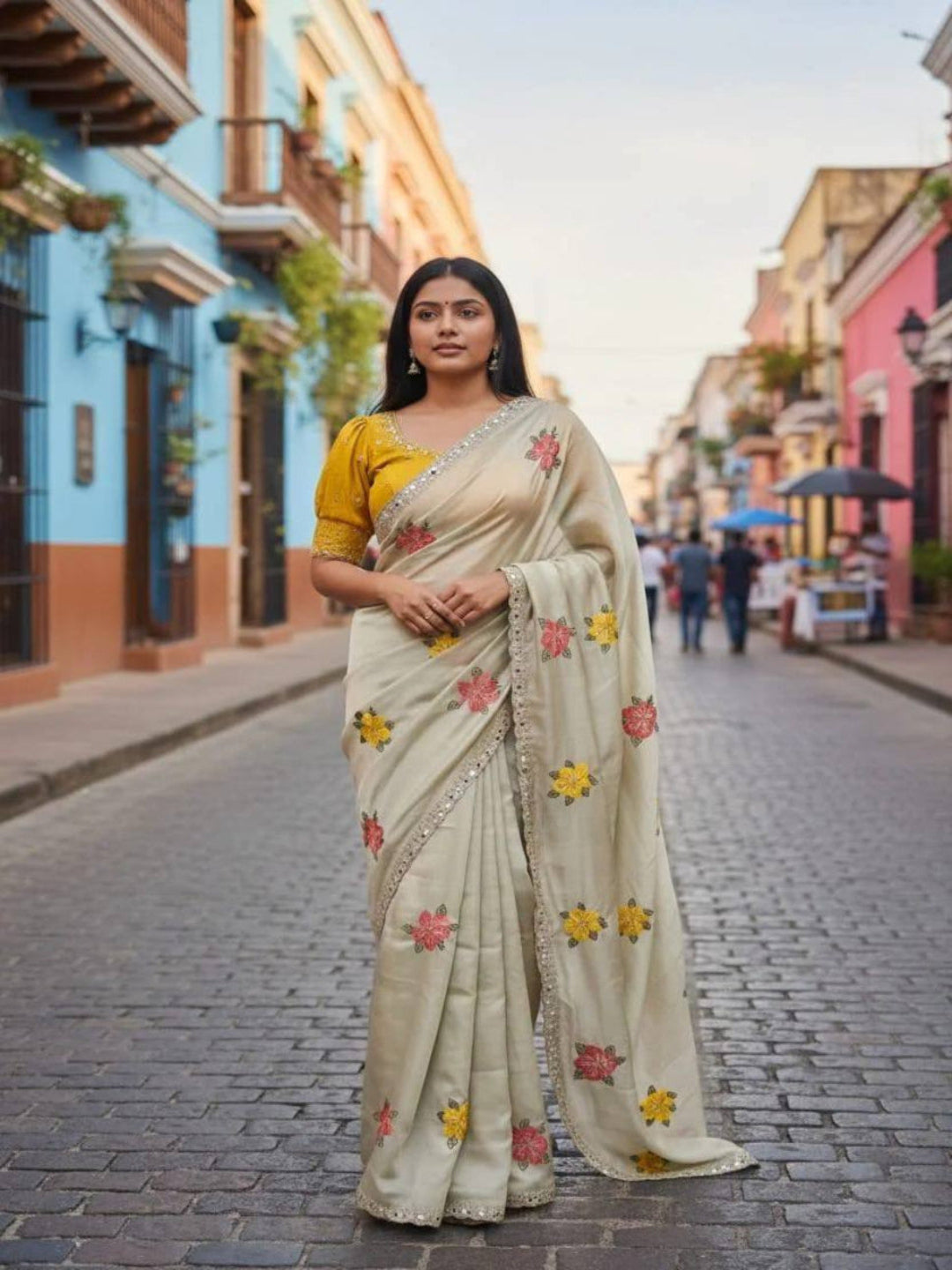 Elegant Cream Floral Embroidered Saree with Designer Border – Festive & Casual Wear