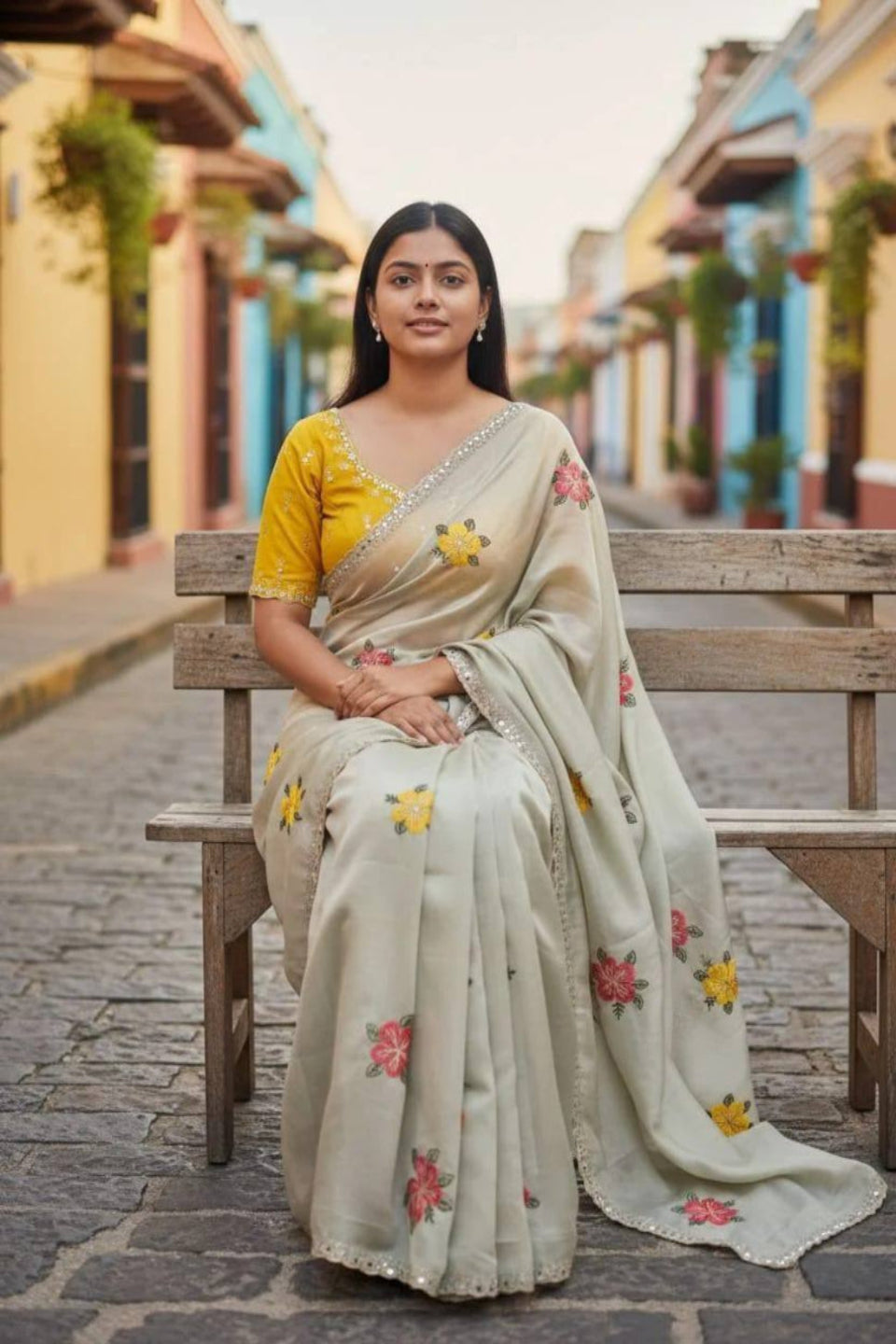 Elegant Cream Floral Embroidered Saree with Designer Border – Festive & Casual Wear