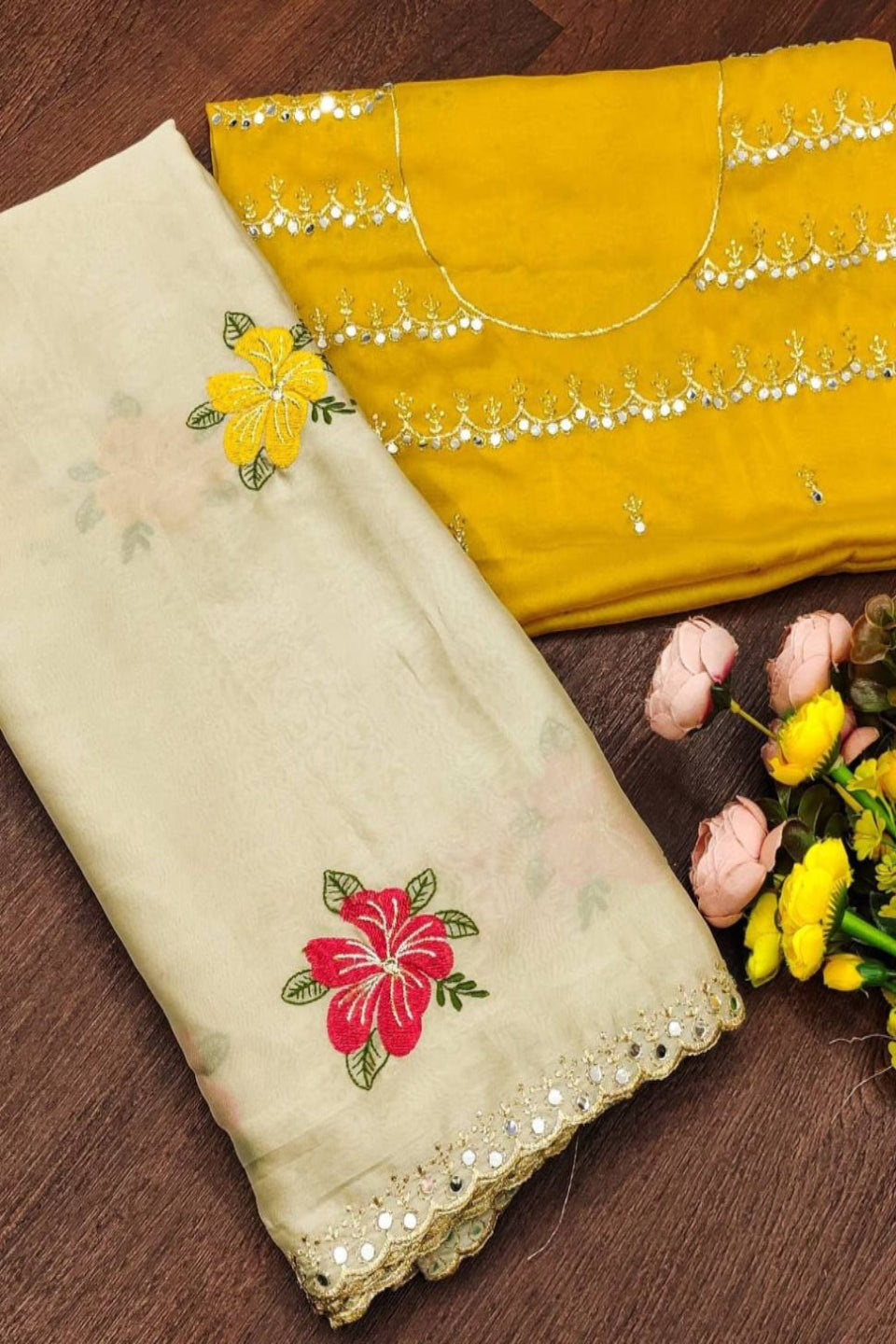 Elegant Cream Floral Embroidered Saree with Designer Border – Festive & Casual Wear