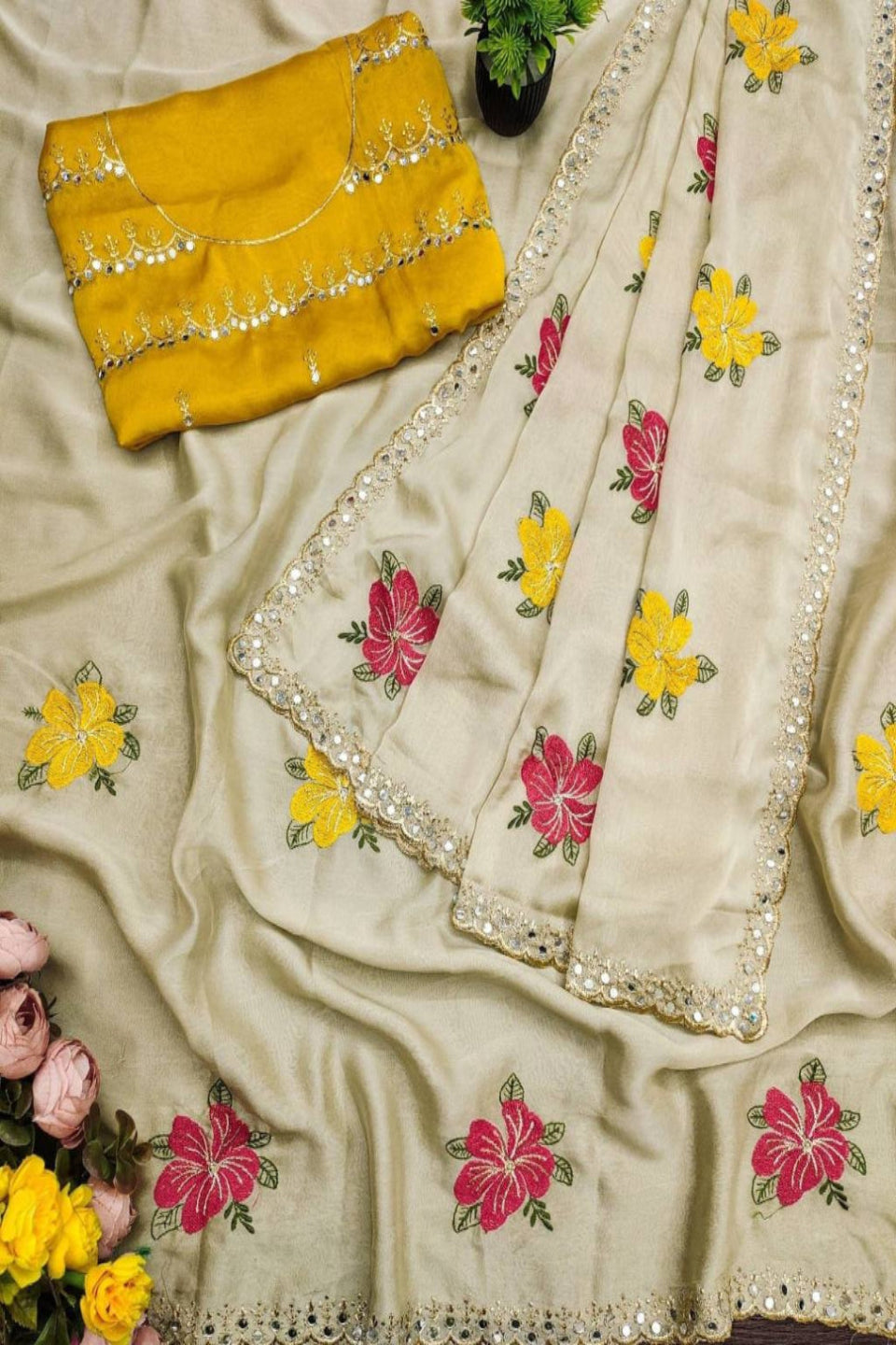 Elegant Cream Floral Embroidered Saree with Designer Border – Festive & Casual Wear