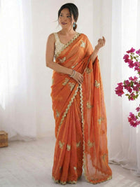 Elegant Sky Blue Designer Saree with Butterfly Embroidery & Golden Lace Border – Party & Festive Wear