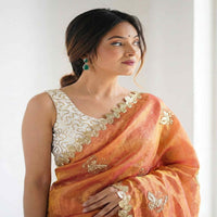 Elegant Sky Blue Designer Saree with Butterfly Embroidery & Golden Lace Border – Party & Festive Wear