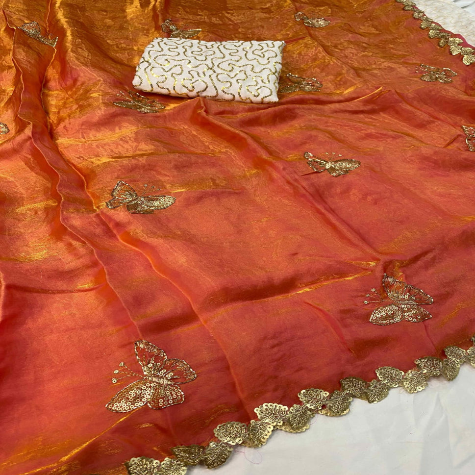 Elegant Sky Blue Designer Saree with Butterfly Embroidery & Golden Lace Border – Party & Festive Wear