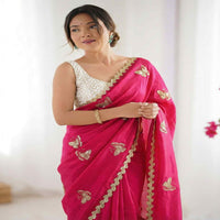 Elegant Sky Blue Designer Saree with Butterfly Embroidery & Golden Lace Border – Party & Festive Wear