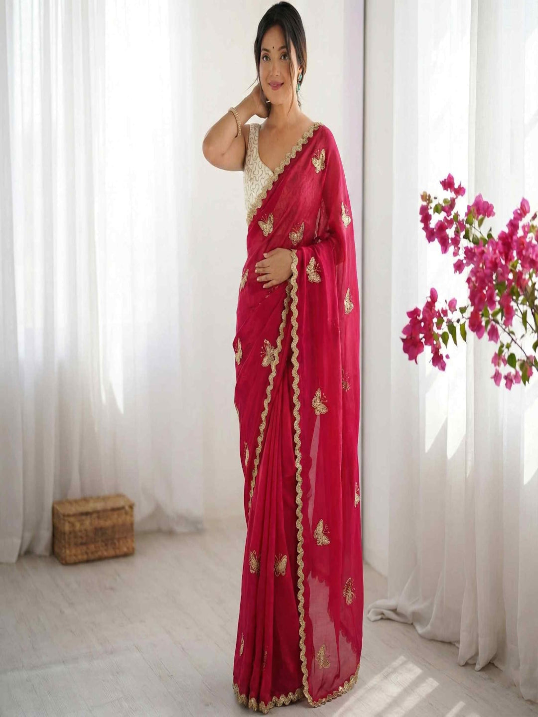 Elegant Sky Blue Designer Saree with Butterfly Embroidery & Golden Lace Border – Party & Festive Wear