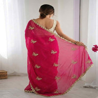 Elegant Sky Blue Designer Saree with Butterfly Embroidery & Golden Lace Border – Party & Festive Wear