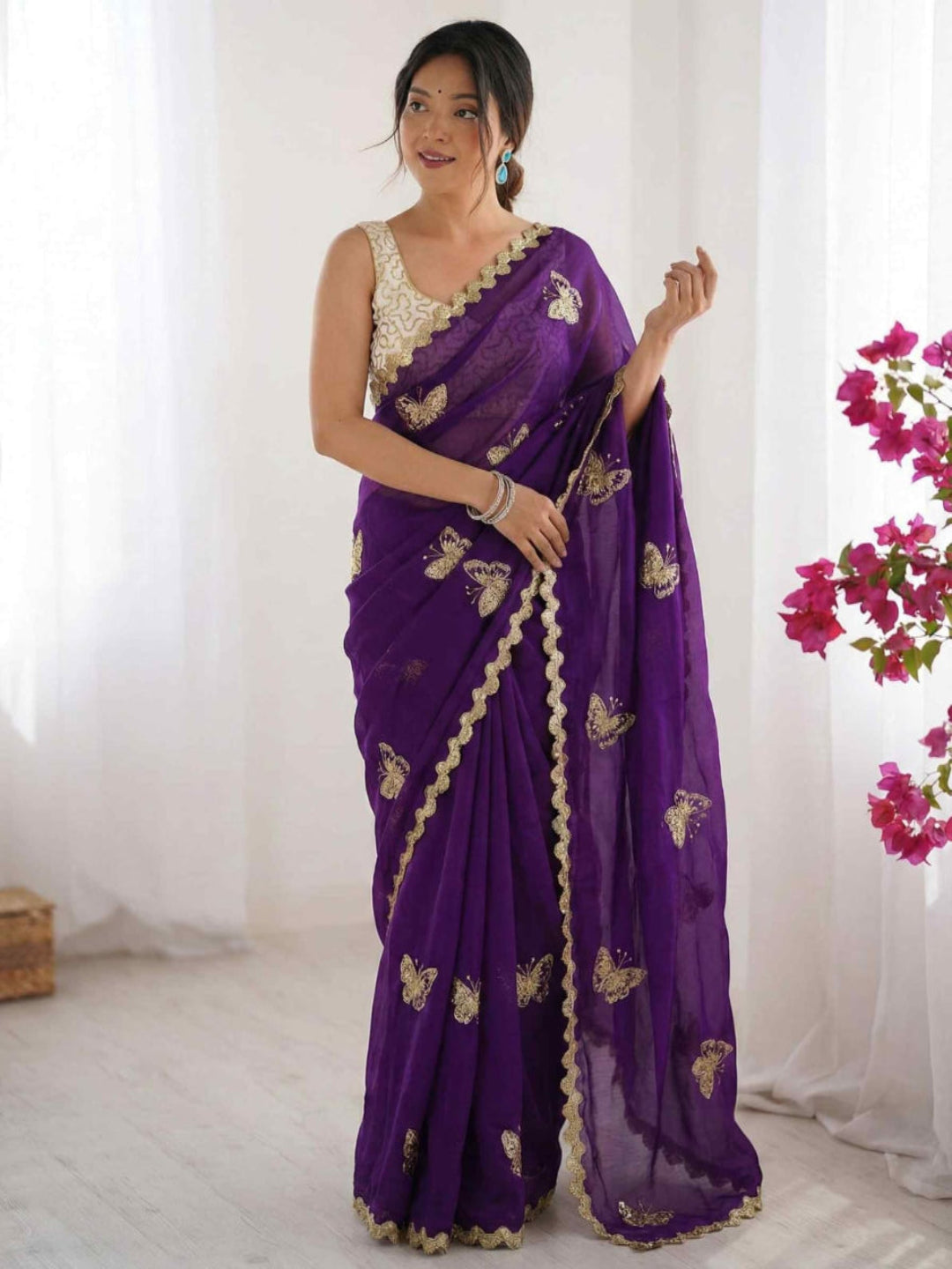 Elegant Sky Blue Designer Saree with Butterfly Embroidery & Golden Lace Border – Party & Festive Wear