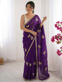 Elegant Sky Blue Designer Saree with Butterfly Embroidery & Golden Lace Border – Party & Festive Wear