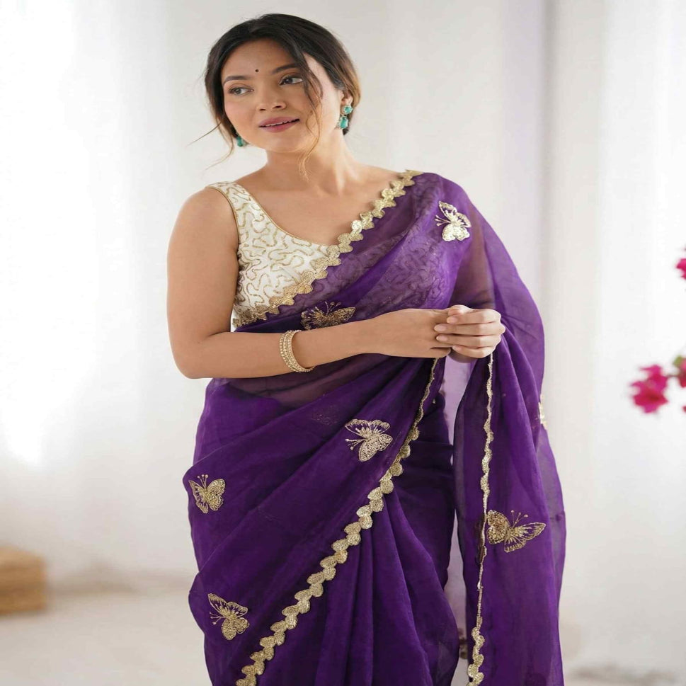 Elegant Sky Blue Designer Saree with Butterfly Embroidery & Golden Lace Border – Party & Festive Wear