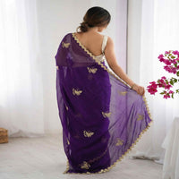 Elegant Sky Blue Designer Saree with Butterfly Embroidery & Golden Lace Border – Party & Festive Wear