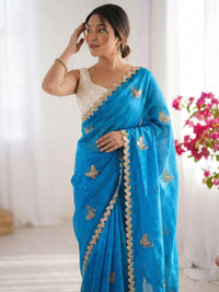 Elegant Sky Blue Designer Saree with Butterfly Embroidery & Golden Lace Border – Party & Festive Wear