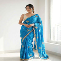 Elegant Sky Blue Designer Saree with Butterfly Embroidery & Golden Lace Border – Party & Festive Wear