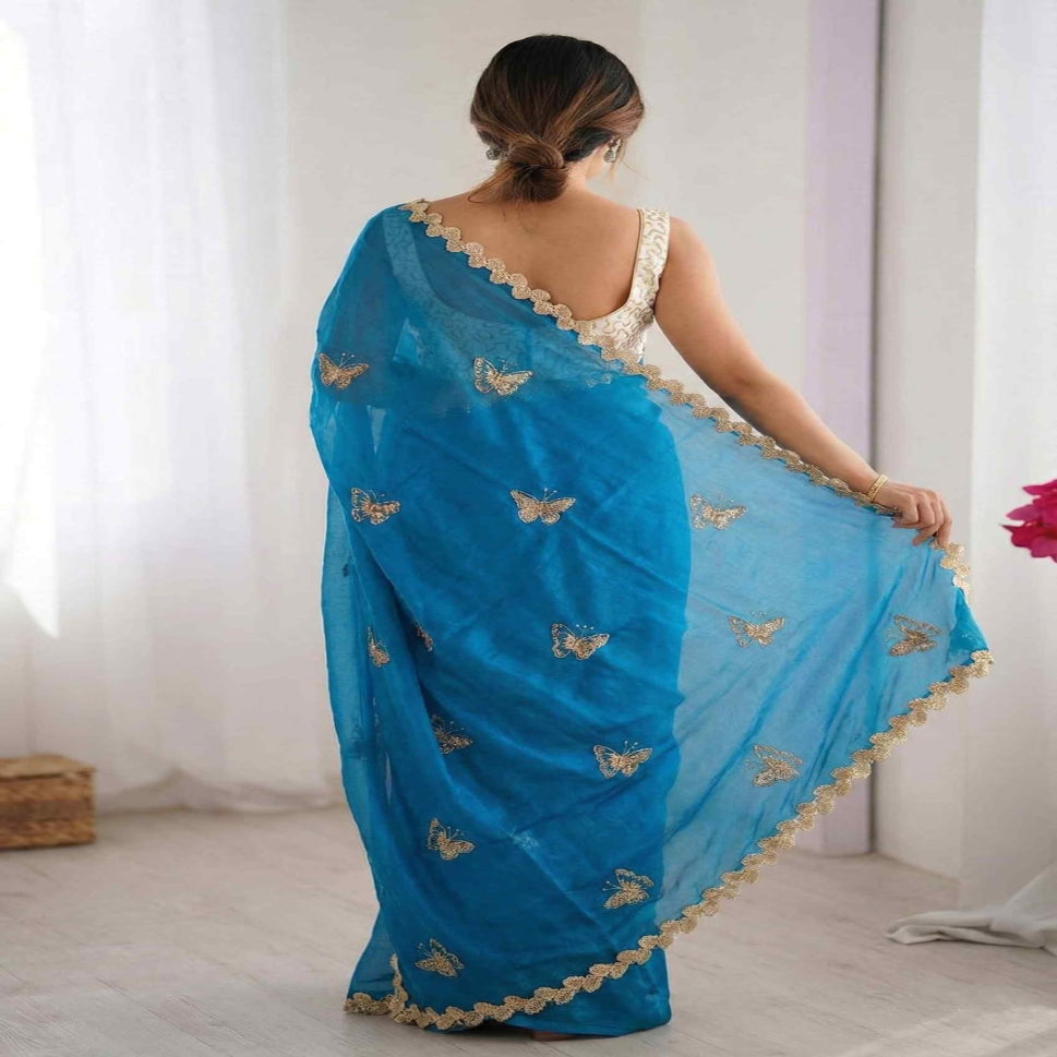 Elegant Sky Blue Designer Saree with Butterfly Embroidery & Golden Lace Border – Party & Festive Wear