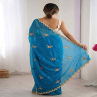 Elegant Sky Blue Designer Saree with Butterfly Embroidery & Golden Lace Border – Party & Festive Wear